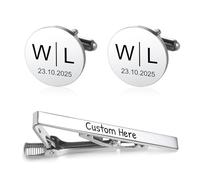 Munkimix Ensemble de Boutons de Manchette Personnalisés avec Initiales et Pince Cravate Livré Dans un écrin en Bois Sculpté Boutons de Manchette Personnalisés pour Garçons d'honneur Mari et Papa -A1