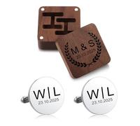Munkimix Ensemble de Boutons de Manchette Personnalisés avec Initiales et Pince Cravate Livré Dans un écrin en Bois Sculpté Boutons de Manchette Personnalisés pour Garçons d'honneur Mari et Papa -B1