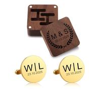 Munkimix Ensemble de Boutons de Manchette Personnalisés avec Initiales et Pince Cravate Livré Dans un écrin en Bois Sculpté Boutons de Manchette Personnalisés pour Garçons d'honneur Mari et Papa -B2