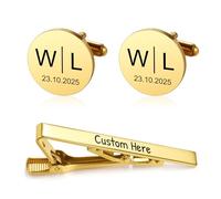 Munkimix Ensemble de Boutons de Manchette Personnalisés avec Initiales et Pince Cravate Livré Dans un écrin en Bois Sculpté Boutons de Manchette Personnalisés pour Garçons d'honneur Mari et Papa -A2