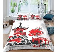 MUNOOR 3 pièces Parure de Lit 2 Personnes Adultes Paysage Japon Housse de Couette 240x260 en Microfibre Imprimé 3D Fleurs De Cerisier avec Fermeture Éclair avec 2 Taies d'oreiller 50x75cm