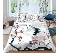 MUNOOR Housse de Couette 200x200 Paysage Japon 3D Motif Parure de Lit 2 Personnes Ado Douce Microfibre Ensemble de Literie Fleurs De Cerisier avec Fermeture Éclair et 2 Taies d'oreiller 50x75