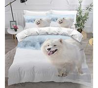 MUNOOR Housse de Couette 200x200 Samoyède 3D Motif Parure de Lit 2 Personnes Ado Douce Microfibre Ensemble de Literie Animaux d'hiver avec Fermeture Éclair et 2 Taies d'oreiller 50x75cm