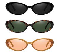 MUNSADE Lunettes de soleil ovales vintage pour femme - Tendance - Petit cadre - Lunettes de soleil rétro des années 90 - Protection UV400, Lot de 3 verres noirs + monture léopard + verres verts +