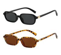 MUNSADE Lunettes de soleil rectangulaires rétro pour femme - Petites années 90 - Vintage - Tendance - Cadre carré - Protection UV400, (Lot de 2) noir/gris + léopard/marron