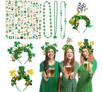 MUNSKT 18PCS St. Patrick's Day Decorations Party Supplies,Irish Lucky Glow-in-the-Dark Temporary Tattoos,Ireland St Patricks Day Headband Necklaces,Irish St Patricks Day Accessories
