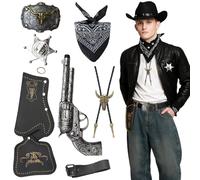 MUNSKT 7 Pcs Accessoires Déguisement Cowboy Western - Bandana Paisley, Holster, Ceinture Cowboy Homme, Cravate Bolo, Insigne Sheriff, Kit Costume pour Halloween Cosplay(Noir)