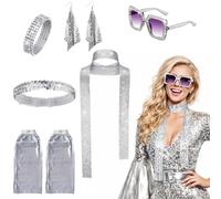 MUNSKT 70s 80s Disco Golden Accessories Set,Frame Bling Sunglasses Earrings Headband Bracelet Leg Warmers,6PCS Abba Accessories Set,Retro Disco Fancy Dress Kit for Women for Theme Parties (Sliver)