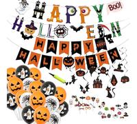 MUNSKT 80 Pcs Set de Décorations de Fête Halloween - 2 Bannières Différentes, Ornements en Spirale, Accessoires Photo & 2 Sets de Ballons - pour Halloween, Fête des Morts, Pâques & Fêtes