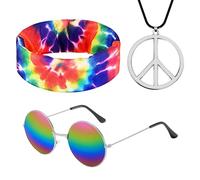 MUNSKT Accessoires Hippie, Années 60 Hippie Dressing Accessory Set, 3Pièces Ensemble de Costume Hippie, Collier de paix, Lunettes de Soleil, Bandeau Hippie Coloré