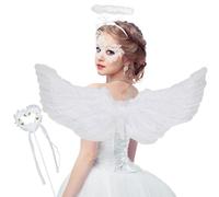 MUNSKT Ailes d'ange Blanches et Halo avec Baguette de fée, Costume d'ange Blanc avec Masque Oculaire Sexy en Dentelle, Ailes d'ange pour Noël, Halloween et Fête d'anniversaire