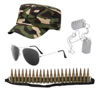 MUNSKT Armée Fancy Robe Accessoires Set, Camo Chapeau Bullet Ceinture Aviateur Lunettes de soleil Dog Tag Collier, Hommes Halloween Costume Soldat tenue