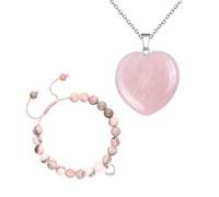 MUNSKT Bracelet d'amour en pierre naturelle avec collier coeur rose, bracelet réglable avec collier en cristal de quartz, idéal pour les cadeaux pour les femmes