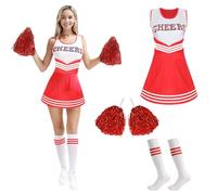 MUNSKT Cheerleader Fancy Dress Outfit,Cheerleading Outfit with Pom Poms,Cheerleader Costume for Women Girls,Uniform High School Dress,Cheerleader Outfit Adult Fancy Dress Costume (Red, XL)
