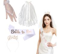 MUNSKT Ensemble de 4 pièces Mariée-toi en Or Rose, Voile, Bandeau, Tiara, Gants en Dentelle, Parfait pour les Fêtes de Célibataire, Showers et Décoration de Mariage, Détails en Nœud et Design Élégant