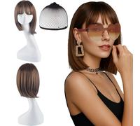 MUNSKT Ensemble Perruque Femme 4 Pièces - Perruque Courte, Perruque Disco, Lunettes de Soleil et Collier - Pour Fêtes et Cosplay (light brown)