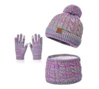 MUNSKT Fille Hiver Chapeau Bonnet Echarpe Écran Tactile Gants Set 3-12 Ans Ensemble Bonnet, Echarpe et Gants d'hiver pour Fille,Tricot Pom Bonnets Casquette Cache Cou Gant bonnet (Pourpre)