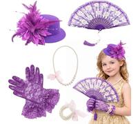 MUNSKT Girls Tea Party Set,5PCS Girls Tea Parties Fascinators Hats with Lace Gloves Pearl Necklace Fan,Girl Tea Party Accessories 1920s Tea Partys Church Wedding (Purple)