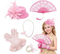 MUNSKT Girls Tea Party Set,5PCS Girls Tea Parties Fascinators Hats with Lace Gloves Pearl Necklace Fan,Girl Tea Party Accessories 1920s Tea Partys Church Wedding (Pink)