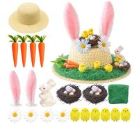 MUNSKT Kit de bonnet de Pâques, kit de bricolage avec poussin, lapin, carotte, oreilles de lapin, nid, herbe, fleur pour la chasse aux œufs de Pâques