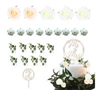 MUNSKT Lot de 24 décorations de gâteau de mariage en bois rustique Mr et Mrs - Décoration de gâteau de mariage - Plantes de roses