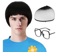 MUNSKT Men Short Black Bowl Cut Wig - Straight Mushroom Wig with Bangs, 60s Funny Cosplay Wigs for Halloween Anime Costume Party Cosplay Costumes, Anime Parties