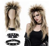 MUNSKT Punk Wig Set with Choker Bracelet,Long Mullet Adult Dress Up Wigs,Long Straight 70s 80s Mullet Rocker Wigs,Diva Rocker Fancy Dress Wig for Carnival Party Festival Halloween (GoldBlack)