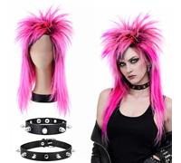 MUNSKT Punk Wig Set with Choker Bracelet,Long Mullet Adult Dress Up Wigs,Long Straight 70s 80s Mullet Rocker Wigs,Diva Rocker Fancy Dress Wig for Carnival Party Festival Halloween (PinkBlack)