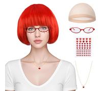 MUNSKT Set de 5 Pièces Rousse Perruques pour Dames, Bob Perruques, une Résille, un Collier à Cœur Rouge, un Autocollant à Cœur en Strass et des Lunettes à Monture Rouge, pour les Fêtes Carnavalesques
