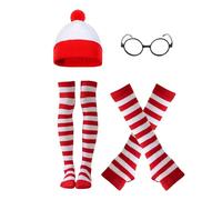MUNSKT Wheres Wally Costume Set,Costume chapeau haut-de-forme lunettes chaussettes Gants de rouge et blanc pour femme,costume plus frais pour la journée mondiale du livre