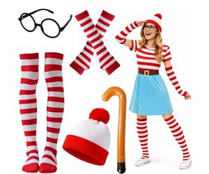 MUNSKT Wheres Wally Costume Set,Costume chapeau haut-de-forme lunettes chaussettes Gants de rouge et blanc pour femme,costume plus frais pour la journée mondiale du livre (cane)