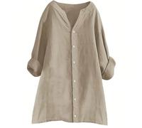 MUNSKT Womens Linen Tops 2025 Long Sleeve T-Shirts pour Femmes Long Slevve Summer Linen Button Down V Neck Roll Up Sleeve (FR/ES, Alpha/Lettres, XXL, Taille Normale, Taille Normale, Kaki)