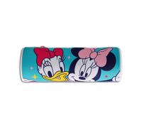 MUNTRADE Trousse Scolaire Enfant Minnie Mouse Ronde avec Fermeture Éclair | Trousse Cylindrique pour Crayons et Stylos | Design Minnie et Daisy Rose et Turquoise