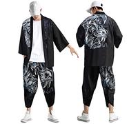 Munweiyu Ensemble kimono pour homme avec impression japonaise à manches 3/4 - Cardigan ample - Veste et pantalon - Peignoir traditionnel - Pantalon sarouraï - Kimono Yukata - Vêtements pour Halloween