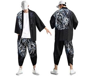 Munweiyu Ensemble kimono pour homme avec impression japonaise à manches 3/4 - Cardigan ample - Veste et pantalon - Peignoir traditionnel - Pantalon sarouraï - Kimono Yukata - Vêtements pour Halloween