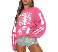 Munweiyu Pull Halloween Femme Gothique Squelette Oversize | Oversized Cartoon Festif, 3D Imprime Sans Capuche, Manches Longues Col Rond, Costume Festif