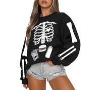 Munweiyu Pull Halloween Femme Gothique Squelette Oversize | Oversized Cartoon Festif, 3D Imprime Sans Capuche, Manches Longues Col Rond, Costume Festif