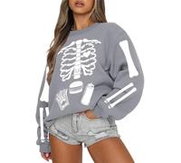Munweiyu Pull Halloween Femme Gothique Squelette Oversize | Oversized Cartoon Festif, 3D Imprime Sans Capuche, Manches Longues Col Rond, Costume Festif
