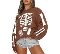 Munweiyu Pull Halloween Femme Gothique Squelette Oversize | Oversized Cartoon Festif, 3D Imprime Sans Capuche, Manches Longues Col Rond, Costume Festif