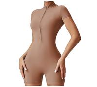 MUOLVSQ Combinaison d'entraînement pour femme, manches courtes, col montant, fermeture éclair sur le devant, sans couture, collants de sport une pièce à séchage rapide, barboteuse, kaki, L