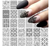 Muorruo 30 feuilles de stickers pour ongles en dentelle, autocollants 3D, fleurs rétro, noir