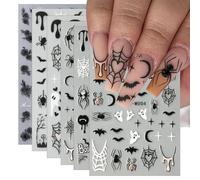 Muorruo 6 Pièces Autocollants pour Ongles d'Halloween, Araignées et Chauves-souris, Décorations pour Ongles, Accessoires de Manucure DIY