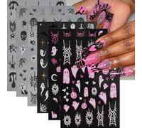 Muorruo 6 pièces d'autocollants pour ongles d'Halloween, 3D, auto-adhésifs, rose-blanc, fantômes amusants, autocollants artistiques pour ongles en toile d'araignée avec strass, accessoires pour