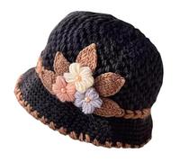 Muorruo French Thicken Damen Blumen Strick-mütze Modische Beanie-Mütze Lady Häkel-Eimermütze für den Winter, Blumenhäkel-Vintage-Mütze Hohlmütze Atmungsaktive Strick-Totenkopfmütze