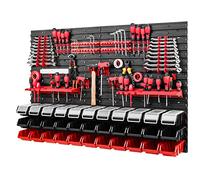 Mur à outils - 1152 x 780 mm - Système de rangement - Panneau perforé avec porte-outils et boîtes empilables avec couvercle - Étagère murale, étagère d'atelier, casiers de rangement (noir/rouge)