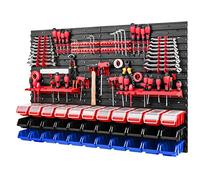 Mur à outils - 1152 x 780 mm - Système de rangement - Panneau perforé avec porte-outils et boîtes empilables avec couvercle - Étagère murale, étagère d'atelier, casiers de rangement (bleu/rouge/noir)