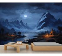 Mur d'Appartement de la Montagne sous la Lune et de la Scène de Camping, Décoration de Nuit de la Nature Sauvage pour le Salon et le Man Cave, Grand Papier Peint Retirable 200x140cm (Non autocollant)