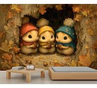 Mur d'arbre creux avec des créatures d'automne espiègles, Décor d'automne mignon pour la chambre d'enfant et la maternité, Grand papier peint amovible 100x100cm (Non autocollant)