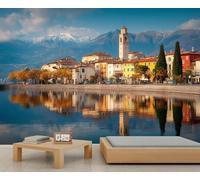 Mur d'art italien paisible au bord du lac, Décor de paysage idyllique pour salon et chambre, Grand papier peint amovible 150x105cm (Non autocollant)
