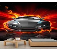 Mur d'automobile futuriste à flamme - Fond d'écran élégant de scène de vitesse sci-fi pour salle de séjour et cave à homme 250x195cm (Non autocollant)